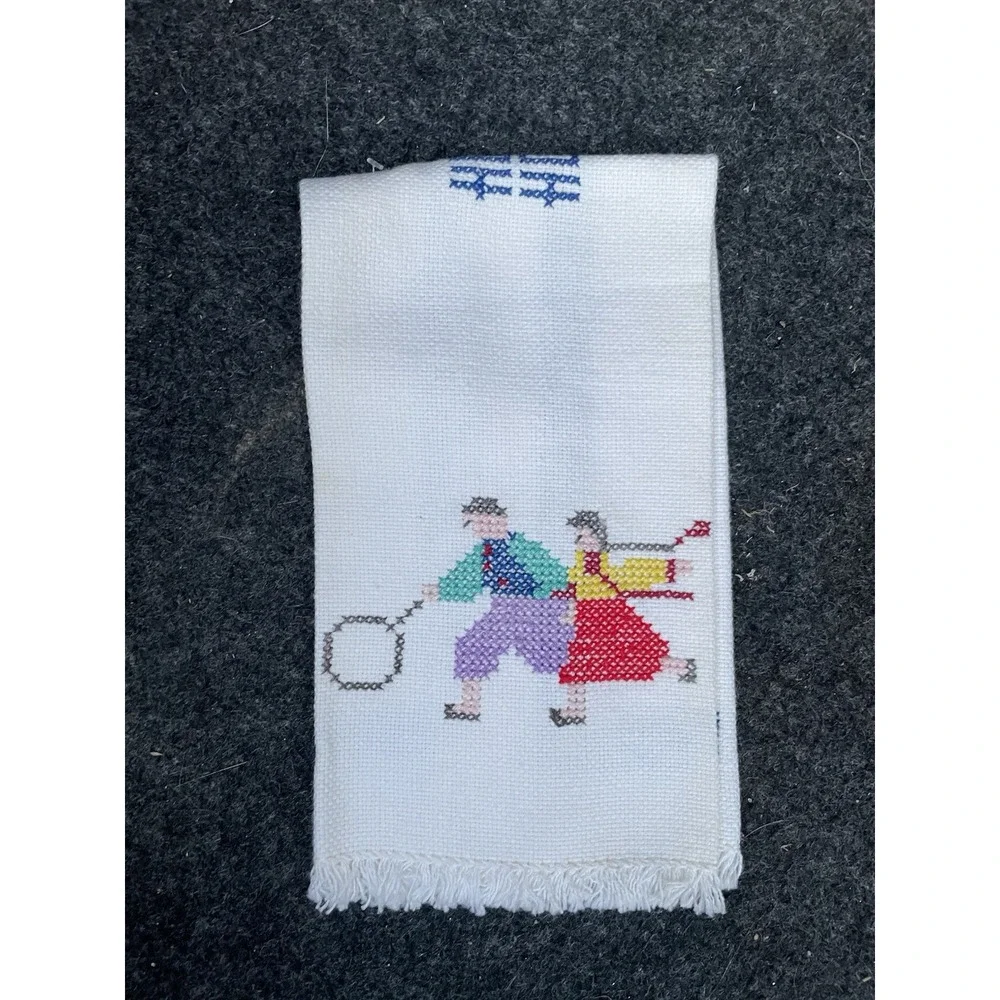 Vintage 2 Cross Stitch Fringed Figural Tea Towels, People Theme, Beige/White